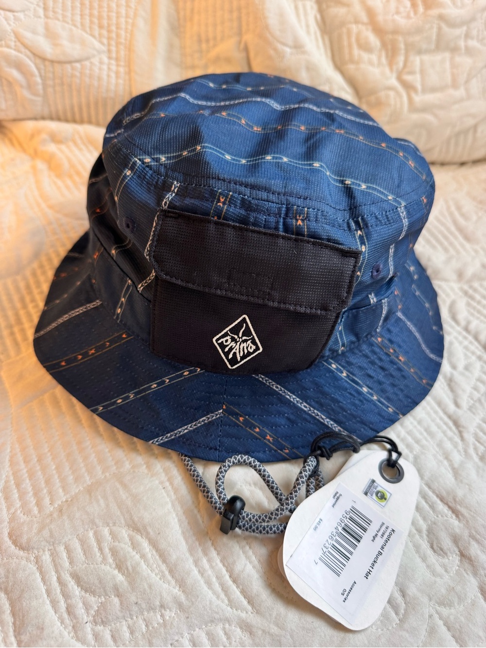 Prana Navy Patterned Bucket Hat with Chin Cord